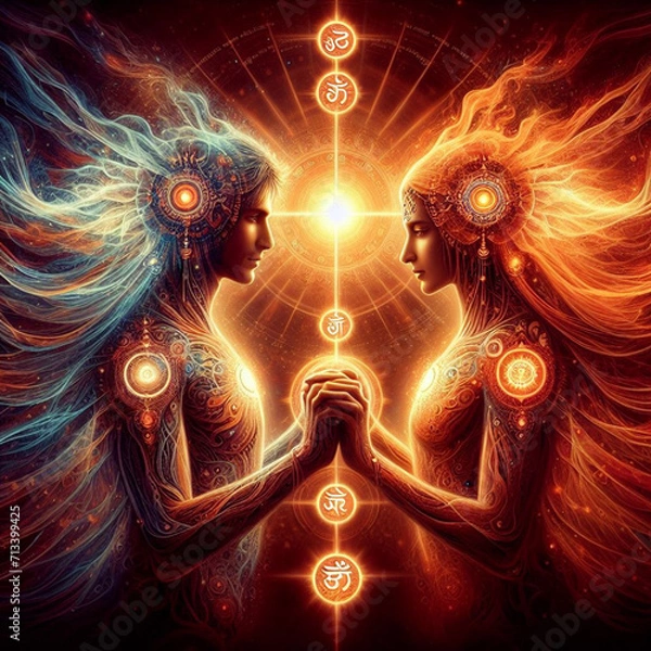 Fototapeta Twin flame couple. Soulmates. The concept of magical, esoteric, tantric, spiritual love. Connection between souls. Illustration for websites and much more. Created using generative ai tools