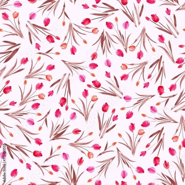 Obraz 花柄、チューリップのシームレスなパターン、春のイラスト、テキスタイル、壁紙、包装紙、