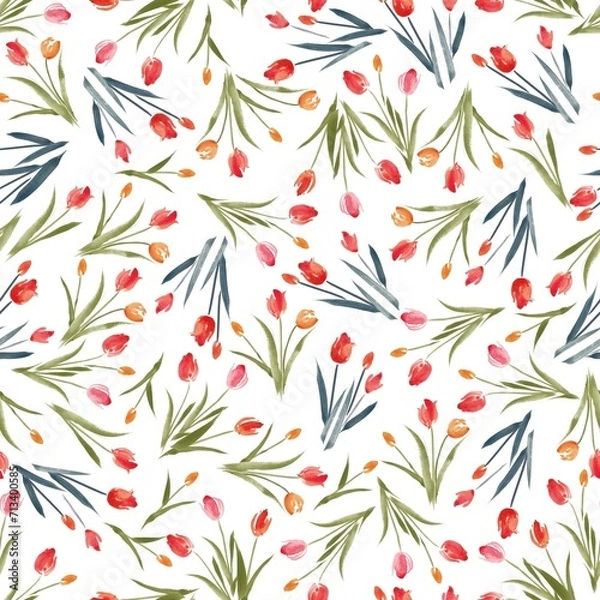 Obraz 花柄、チューリップのシームレスなパターン、春のイラスト、テキスタイル、壁紙、包装紙、