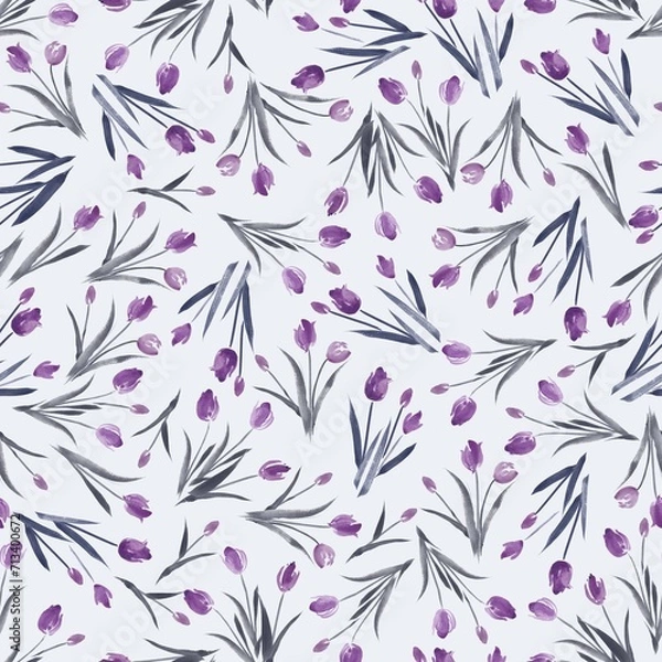 Obraz 花柄、チューリップのシームレスなパターン、春のイラスト、テキスタイル、壁紙、包装紙、