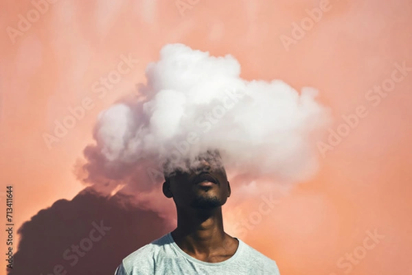 Fototapeta An evocative portrait of a person with a cloud obscuring their head, with sunset hues in the background