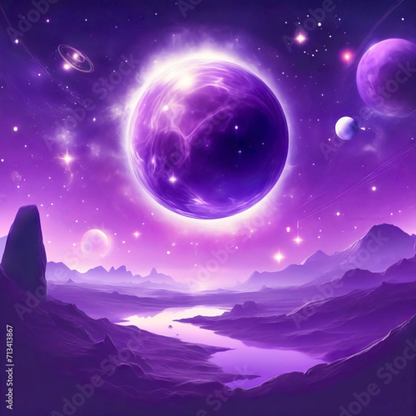 Fototapeta A purple sky, with stars and planets, that creates a cosmic and mystical atmosphere, that inspires curiosity and wonder, and the awareness of the vastness and complexity of the universe.