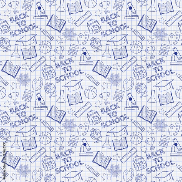 Fototapeta Seamless pattern with school elements on the notebook sheet