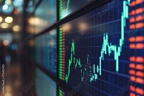 Fototapeta trending screen, business meetings, candlestick pattern charts analyzing trading systems,