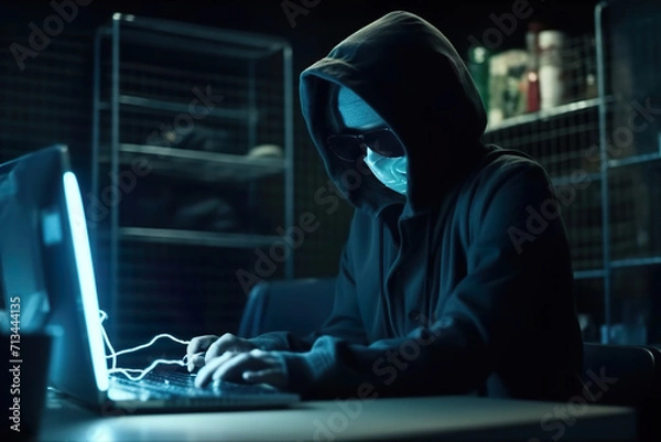 Obraz Futuristic style Hooded Hacker with mask using Laptop Break or Attack into Data server