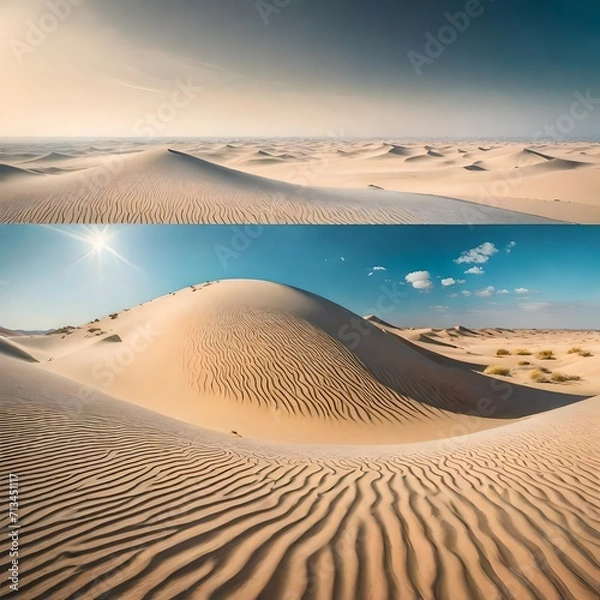 Fototapeta A Dutch desert oasis, where windswept dunes meet the azure sky, captured in a stunning panorama by Daniel Kordan, showcasing the beauty of vast landscapes
