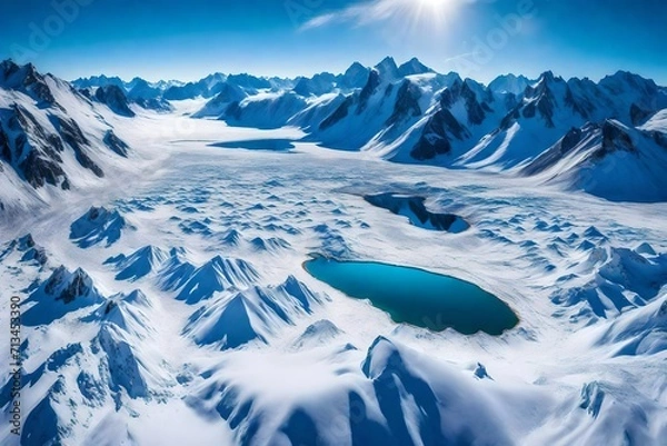 Fototapeta A mesmerizing aerial panorama featuring the pristine Laguna Del Inca embraced by the snow-covered Chilean Andes, creating a symphony of white and blue