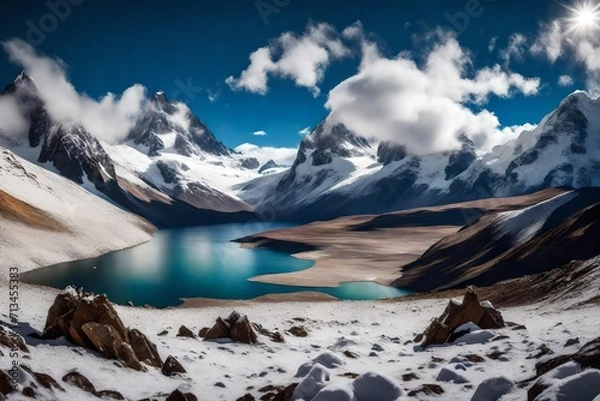 Fototapeta Witness the serene allure of the snowing Chilean Andes, with a crystal-clear view of Laguna Del Inca and its surrounding majestic peaks through an HD lens