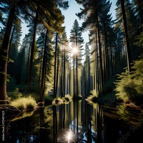 Fototapeta Vertical frame capturing the enchanting ambiance of a secluded forest lake, framed by tall trees