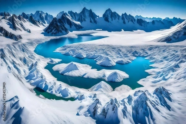 Fototapeta A mesmerizing aerial panorama featuring the pristine Laguna Del Inca embraced by the snow-covered Chilean Andes, creating a symphony of white and blue