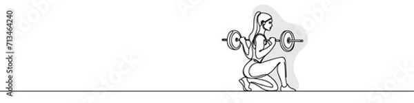 Fototapeta Single continuous line drawing of a young girl with a barbell in the gym