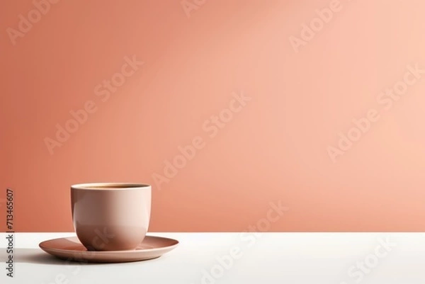 Fototapeta A classic ceramic cup of coffee on a clean table against clean background. Generative AI.