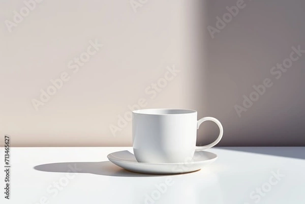 Fototapeta A classic white ceramic cup of coffee on a clean white table against clean background. Generative AI.
