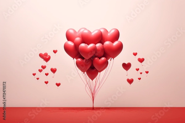 Fototapeta Perfect setting for Valentine's Day, made with colors that represent love, lots of heart-shaped balloons to celebrate Valentine's Day. Poetic, stuning, 3D rendering design illustration.