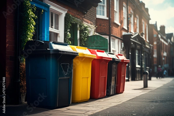 Fototapeta Full dumpsters separate waste, garbage containers standing on the street.  Environmental, Ecology