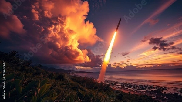 Fototapeta launch of a ballistic missile in the evening sky