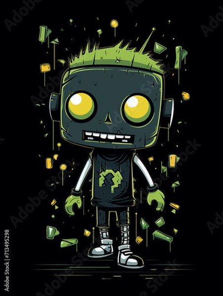 Fototapeta T-shirt design, lineal color icon of one cute zombie with a human theme on black background, featuring a full-body illustration where the head is larger than the body created with Generative Ai