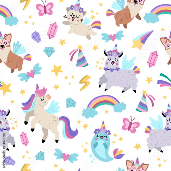 Fototapeta Vector unicorns seamless pattern. Repeat background with fairytale characters, animals with horns, rainbow, falling stars, crystals. Fantasy world digital paper with funny llama, cat, narval.
