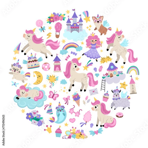 Fototapeta Vector round frame for unicorn party. Fairytale card design for banners, invitations, postcards, social media. Cute magic fantasy world illustration with animals, fairy, rainbow, star, crystal