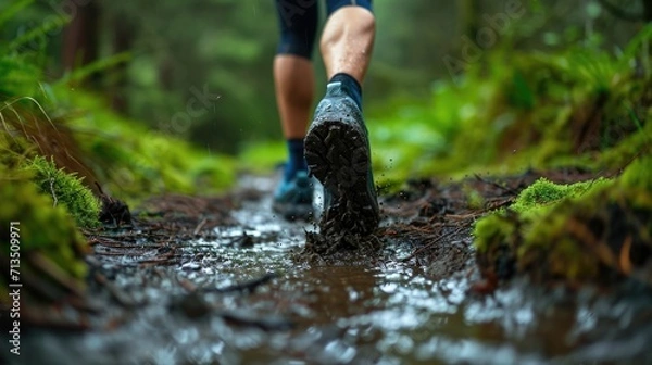 Fototapeta runner shoes making their way through a muddy path generative ai