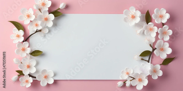 Fototapeta spring banner,a white sheet of paper with a place for text with beautiful cherry blossoms lying on the sides,on a pink background,a spring banner,a design concept for spring marketing materials