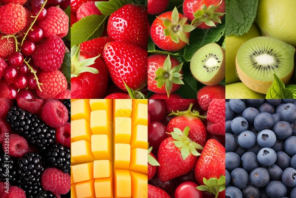 Fototapeta fruits and vegetables. Collection of fruits and vegetables fruit collage background with berries and grapes. Variety of fruit arranged in squares. Assorted berries products collage divided by vertical