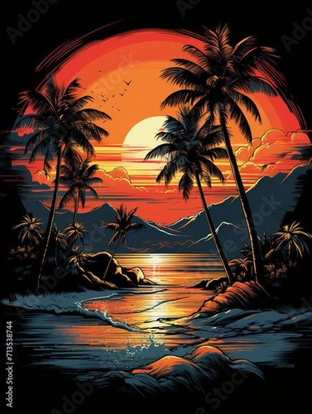 Fototapeta T-shirt design, vectorized t-shirt design of palm trees at beach, detailed, vintage, playful , caricature style created with Generative Ai