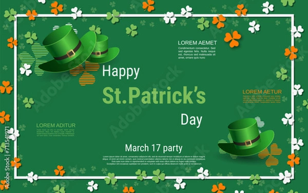 Fototapeta St.Patrick's Day vector illustration. Green background with colorful clover leaves and design elements