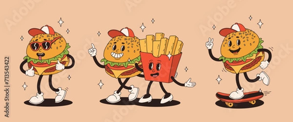 Fototapeta Set of fast food retro groovy cartoon character. Vintage mascot of burger with french fries, burger with hat and glasses on skateboard with happy smile. Funky street food illustration