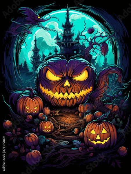 Fototapeta T-shirt design, colored halloween horror coloring page in vivid colors, realistic created with Generative Ai