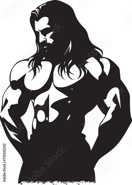 Fototapeta Prowess in Mane Vector Logo of Muscular Bodybuilder Flowing Force Long Haired Fitness Icon Design
