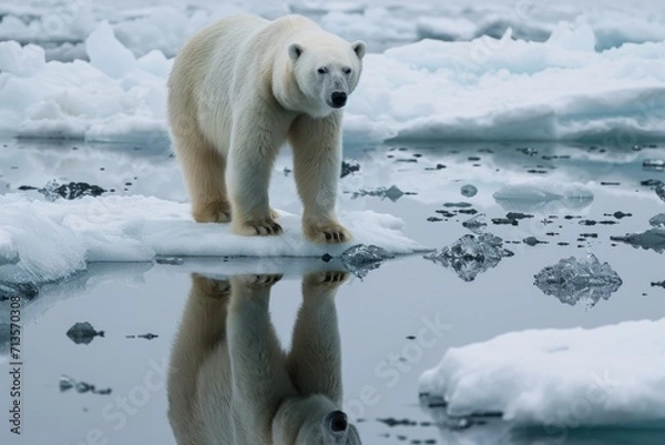 Fototapeta Polar bear standing on melting Arctic ice, symbolizing the impact of climate change on their habitat.
