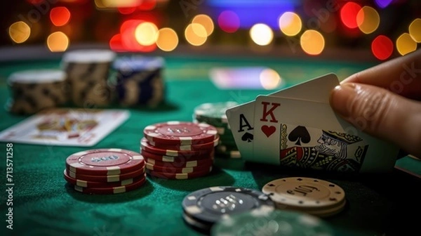 Obraz A pair of aces, a king and a stack of chips on a green casino table. Luck and risk.  AI generated.