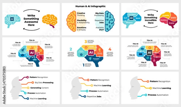 Fototapeta Human and AI Brain Hemispheres Infographic Template. Artificial Intelligence Illustration. Neural Network Logo. Chip microscheme engine. Robot, cyborg icon. Droid humanoid head. Deep learning machine