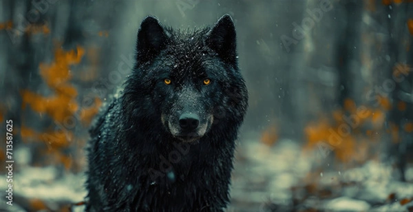 Obraz Black wolf with orange eyes dark fur stands in a snowy forest in Siberian snowy background