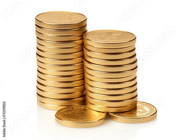 Obraz A close-up image showcasing stacks of shiny golden coins isolated on a white background, symbolizing wealth and savings.
