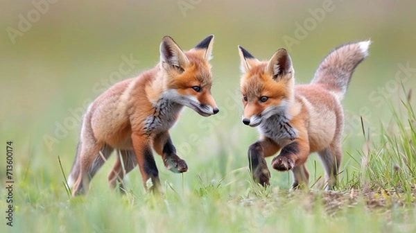 Fototapeta Playful red fox kits frolicking in a meadow, capturing the playful and endearing qualities of young foxes, animals, red fox kits, hd, with copy space