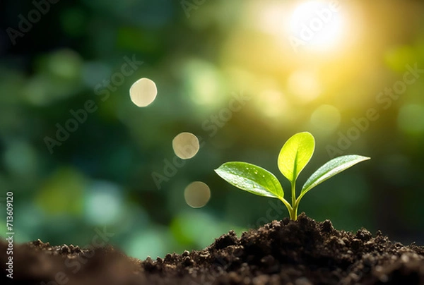 Fototapeta Close up of a young plant sprouting from the ground with green bokeh background, rich soil, ecology concept, World Soil Day, generative ai