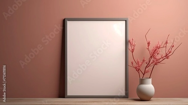 Fototapeta Close up mockup poster frame, warm pink background.