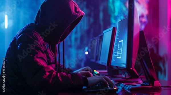 Fototapeta Cybersecurity breach concept with a hooded figure hacking a computer