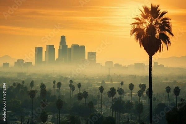 Fototapeta Los Angeles skyline, palm trees. Generative AI