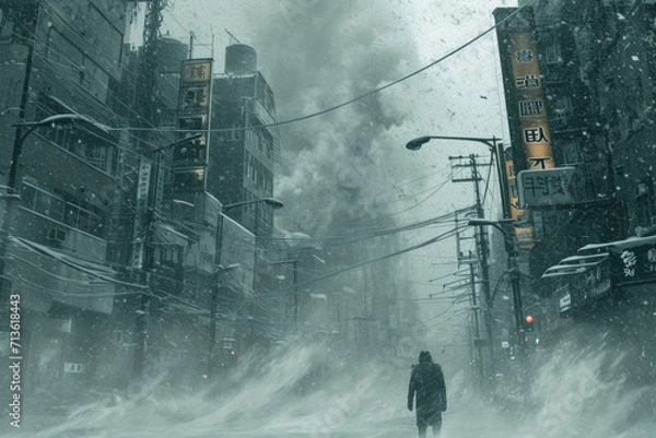 Fototapeta A man walks through a winter city, a sharp squall wind knocks him off his feet, signs and telegraph poles fall, a blizzard blows