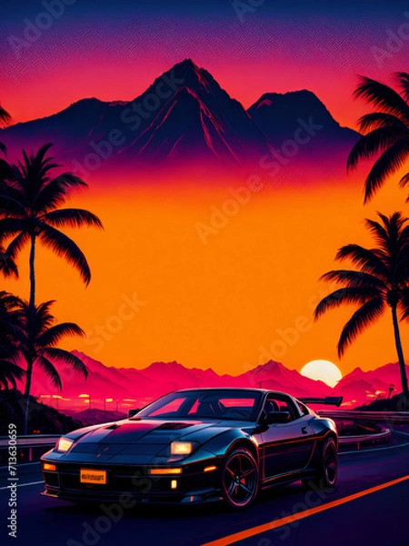Fototapeta synthwave sunset scenery, a supercar driving down the road on an orange sunset, waves, mountains, palm trees, miami, 80s, warm, colourful, summer vibes, golden times	