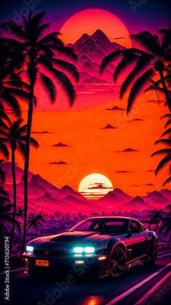 Fototapeta synthwave sunset scenery, a supercar driving down the road on an orange sunset, waves, mountains, palm trees, miami, 80s, warm, colourful, summer vibes, golden times	