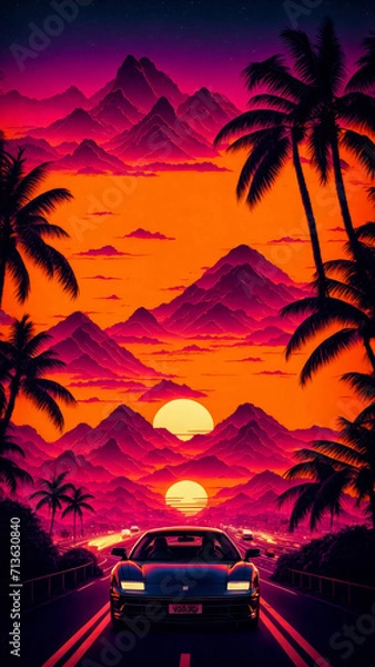 Fototapeta synthwave sunset scenery, a supercar driving down the road on an orange sunset, waves, mountains, palm trees, miami, 80s, warm, colourful, summer vibes, golden times	