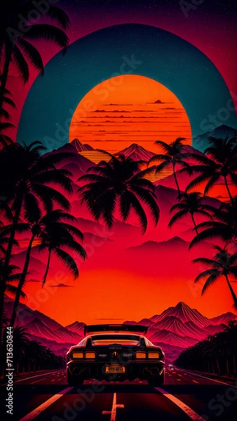 Fototapeta synthwave sunset scenery, a supercar driving down the road on an orange sunset, waves, mountains, palm trees, miami, 80s, warm, colourful, summer vibes, golden times	