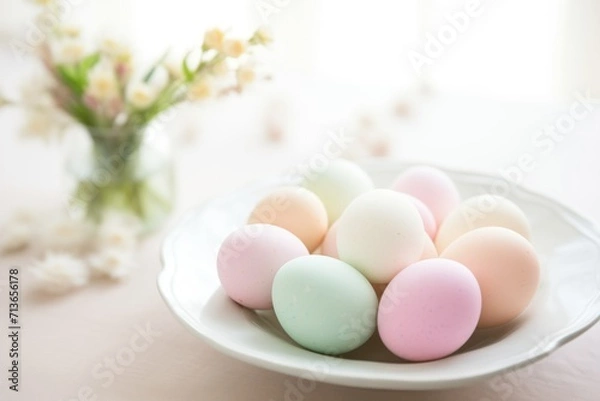 Fototapeta Soft Pastel Easter Eggs on a Porcelain Plate. Generative AI.