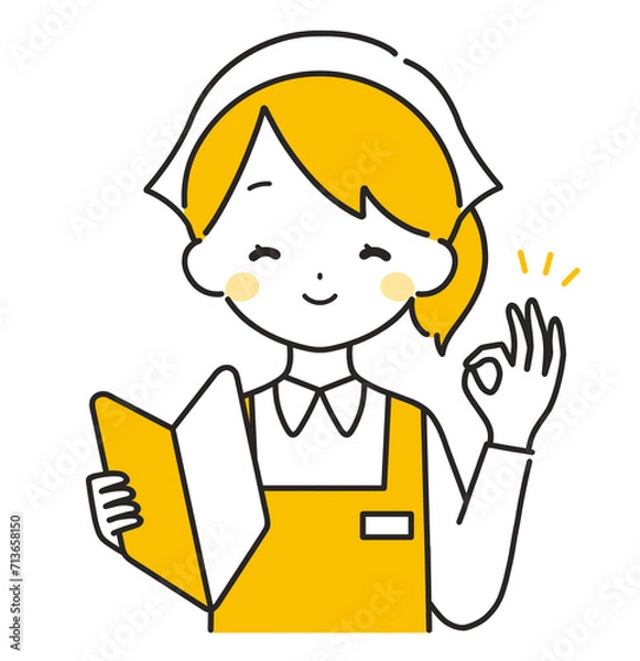 Fototapeta オレンジ色｜初心者マークを持つ三角巾の女性店員｜エプロン