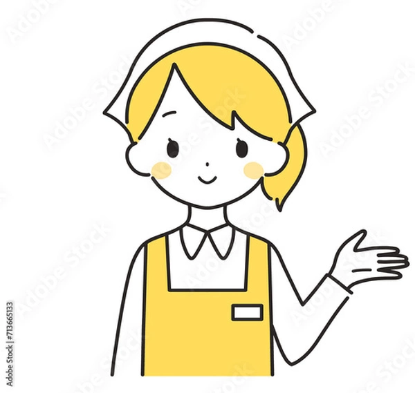 Fototapeta 黄色｜左手に案内する三角巾の女性店員｜エプロン