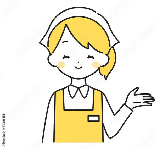 Fototapeta 黄色｜左手に案内する三角巾の女性店員｜エプロン